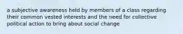 a subjective awareness held by members of a class regarding their common vested interests and the need for collective political action to bring about social change