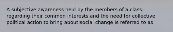 A subjective awareness held by the members of a class regarding their common interests and the need for collective political action to bring about social change is referred to as