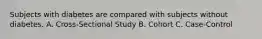 Subjects with diabetes are compared with subjects without diabetes. A. Cross-Sectional Study B. Cohort C. Case-Control