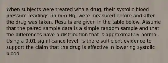 When subjects were treated with a​ drug, their systolic blood pressure readings​ (in mm​ Hg) were measured before and after the drug was taken. Results are given in the table below. Assume that the paired sample data is a simple random sample and that the differences have a distribution that is approximately normal. Using a 0.01 significance​ level, is there sufficient evidence to support the claim that the drug is effective in lowering systolic blood