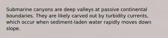 Submarine canyons are deep valleys at passive continental boundaries. They are likely carved out by turbidity currents, which occur when sediment-laden water rapidly moves down slope.