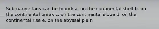 Submarine fans can be found: a. on the continental shelf b. on the continental break c. on the continental slope d. on the continental rise e. on the abyssal plain