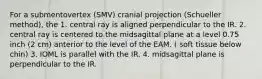 For a submentovertex (SMV) cranial projection (Schueller method), the 1. central ray is aligned perpendicular to the IR. 2. central ray is centered to the midsagittal plane at a level 0.75 inch (2 cm) anterior to the level of the EAM. ( soft tissue below chin) 3. IOML is parallel with the IR. 4. midsagittal plane is perpendicular to the IR.