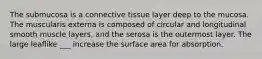 The submucosa is a connective tissue layer deep to the mucosa. The muscularis externa is composed of circular and longitudinal smooth muscle layers, and the serosa is the outermost layer. The large leaflike ___ increase the surface area for absorption.