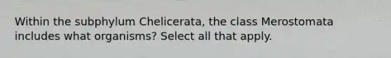 Within the subphylum Chelicerata, the class Merostomata includes what organisms? Select all that apply.