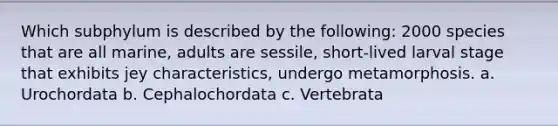 Which subphylum is described by the following: 2000 species that are all marine, adults are sessile, short-lived larval stage that exhibits jey characteristics, undergo metamorphosis. a. Urochordata b. Cephalochordata c. Vertebrata