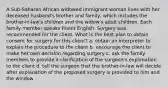 A Sub-Saharan African widowed immigrant woman lives with her deceased husband's brother and family, which includes the brother-in-law's children and the widow's adult children. Each family member speaks fluent English. Surgery was recommended for the client. What is the best plan to obtain consent for surgery for this client? a. obtain an interpreter to explain the procedure to the client b. encourage the client to make her own decision regarding surgery c. ask the family members to provide a clarification of the surgeon's explanation to the client d. tell the surgeon that the brother-in-law will decide after explanation of the proposed surgery is provided to him and the window