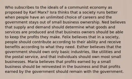 Who subscribes to the ideals of a communist economy as proposed by Karl Marx? Isra thinks that a society runs better when people have an unlimited choice of careers and the government stays out of small business ownership. Ned believes that supply and demand should determine what goods and services are produced and that business owners should be able to keep the profits they make. Felix believes that in a society, people should contribute according to their ability and receive benefits according to what they need. Esther believes that the government should own only basic industries, like utilities and the postal service, and that individuals should own most small businesses. Maria believes that profits earned by a small business should be reinvested in the business and that profits earned by the government should remain with the government.