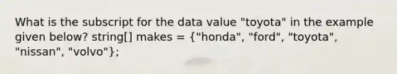 What is the subscript for the data value "toyota" in the example given below? string[] makes = ("honda", "ford", "toyota", "nissan", "volvo");