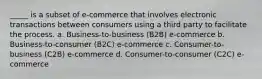 _____ is a subset of e-commerce that involves electronic transactions between consumers using a third party to facilitate the process. a. Business-to-business (B2B) e-commerce b. Business-to-consumer (B2C) e-commerce c. Consumer-to-business (C2B) e-commerce d. Consumer-to-consumer (C2C) e-commerce