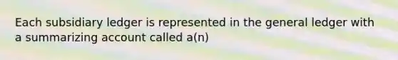 Each subsidiary ledger is represented in <a href='https://www.questionai.com/knowledge/kdxbifuCZE-the-general-ledger' class='anchor-knowledge'>the general ledger</a> with a summarizing account called a(n)