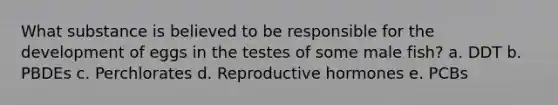 What substance is believed to be responsible for the development of eggs in the testes of some male fish? a. DDT b. PBDEs c. Perchlorates d. Reproductive hormones e. PCBs