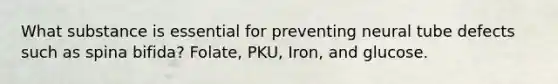 What substance is essential for preventing neural tube defects such as spina bifida? Folate, PKU, Iron, and glucose.