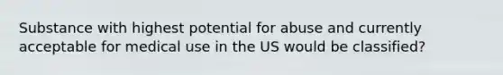 Substance with highest potential for abuse and currently acceptable for medical use in the US would be classified?