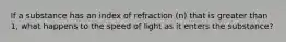 If a substance has an index of refraction (n) that is greater than 1, what happens to the speed of light as it enters the substance?