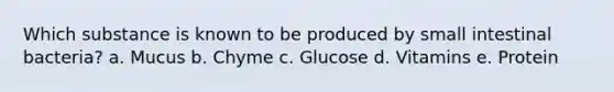 Which substance is known to be produced by small intestinal bacteria? a. Mucus b. Chyme c. Glucose d. Vitamins e. Protein