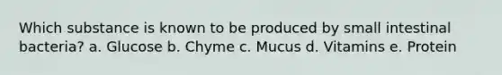 Which substance is known to be produced by small intestinal bacteria? a. Glucose b. Chyme c. Mucus d. Vitamins e. Protein