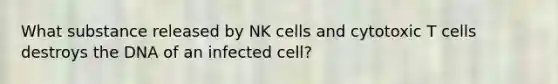 What substance released by NK cells and cytotoxic T cells destroys the DNA of an infected cell?