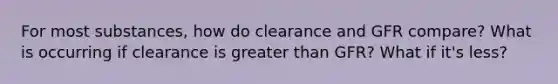 For most substances, how do clearance and GFR compare? What is occurring if clearance is greater than GFR? What if it's less?