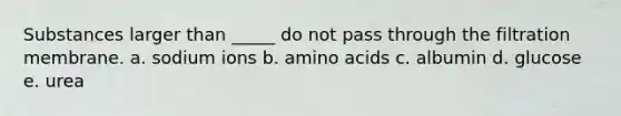 Substances larger than _____ do not pass through the filtration membrane. a. sodium ions b. amino acids c. albumin d. glucose e. urea