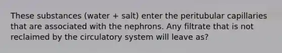 These substances (water + salt) enter the peritubular capillaries that are associated with the nephrons. Any filtrate that is not reclaimed by the circulatory system will leave as?