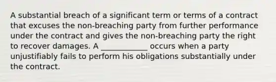 A substantial breach of a significant term or terms of a contract that excuses the non-breaching party from further performance under the contract and gives the non-breaching party the right to recover damages. A ____________ occurs when a party unjustifiably fails to perform his obligations substantially under the contract.