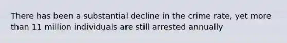 There has been a substantial decline in the crime rate, yet more than 11 million individuals are still arrested annually