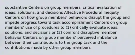 substantive Centers on group members' critical evaluation of ideas, solutions, and decisions Affective Procedural Inequity Centers on how group members' behaviors disrupt the group and impede progress toward task accomplishment Centers on group members' use of procedures to (1) critically evaluate ideas, solutions, and decisions or (2) confront disruptive member behavior Centers on group members' perceived imbalance between their contributions to the group task and the contributions made by other group members