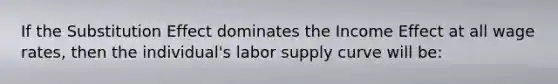 If the Substitution Effect dominates the Income Effect at all wage rates, then the individual's labor supply curve will be: