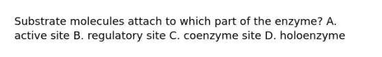 Substrate molecules attach to which part of the enzyme? A. active site B. regulatory site C. coenzyme site D. holoenzyme