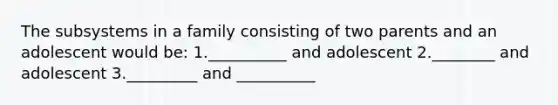 The subsystems in a family consisting of two parents and an adolescent would be: 1.__________ and adolescent 2.________ and adolescent 3._________ and __________