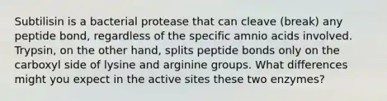 Subtilisin is a bacterial protease that can cleave (break) any peptide bond, regardless of the specific amnio acids involved. Trypsin, on the other hand, splits peptide bonds only on the carboxyl side of lysine and arginine groups. What differences might you expect in the active sites these two enzymes?