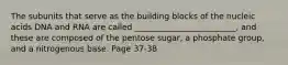 The subunits that serve as the building blocks of the nucleic acids DNA and RNA are called _________________________, and these are composed of the pentose sugar, a phosphate group, and a nitrogenous base. Page 37-38