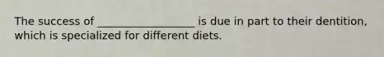 The success of __________________ is due in part to their dentition, which is specialized for different diets.