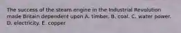 The success of the steam engine in the Industrial Revolution made Britain dependent upon A. timber. B. coal. C. water power. D. electricity. E. copper