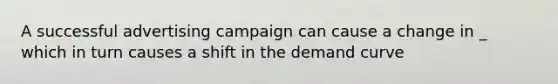 A successful advertising campaign can cause a change in _ which in turn causes a shift in the demand curve