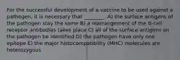 For the successful development of a vaccine to be used against a pathogen, it is necessary that ________. A) the surface antigens of the pathogen stay the same B) a rearrangement of the B-cell receptor antibodies takes place C) all of the surface antigens on the pathogen be identified D) the pathogen have only one epitope E) the major histocompatibility (MHC) molecules are heterozygous