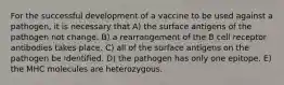 For the successful development of a vaccine to be used against a pathogen, it is necessary that A) the surface antigens of the pathogen not change. B) a rearrangement of the B cell receptor antibodies takes place. C) all of the surface antigens on the pathogen be identified. D) the pathogen has only one epitope. E) the MHC molecules are heterozygous.