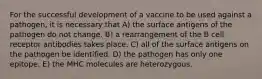 For the successful development of a vaccine to be used against a pathogen, it is necessary that A) the surface antigens of the pathogen do not change. B) a rearrangement of the B cell receptor antibodies takes place. C) all of the surface antigens on the pathogen be identified. D) the pathogen has only one epitope. E) the MHC molecules are heterozygous.