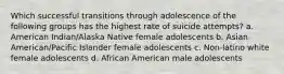 Which successful transitions through adolescence of the following groups has the highest rate of suicide attempts? a. American Indian/Alaska Native female adolescents b. Asian American/Pacific Islander female adolescents c. Non-latino white female adolescents d. African American male adolescents