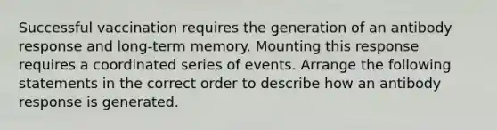 Successful vaccination requires the generation of an antibody response and long-term memory. Mounting this response requires a coordinated series of events. Arrange the following statements in the correct order to describe how an antibody response is generated.