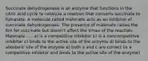 Succinate dehydrogenase is an enzyme that functions in the citric acid cycle to catalyze a reaction that converts succinate to fumarate. A molecule called malonate acts as an inhibitor of succinate dehydrogenase. The presence of malonate raises the Km for succinate but doesn't affect the Vmax of the reaction. Malonate ..... a) is a competitive inhibitor b) is a noncompetitive inhibitor c) binds to the active site of the enzyme d) binds to the allosteric site of the enzyme e) both a and c are correct (is a competitive inhibitor and binds to the active site of the enzyme)