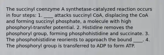 The succinyl coenzyme A synthetase-catalyzed reaction occurs in four steps: 1. ____ attacks succinyl CoA, displacing the CoA and forming succinyl phosphate, a molecule with high phosphoryl-transfer potential. 2. Histidine removes the phosphoryl group, forming phosphohistidine and succinate. 3. The phosphohistidine reorients to approach the bound ____. 4. The phosphoryl group is transferred to ADP to form ATP.