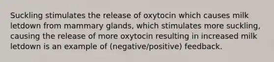 Suckling stimulates the release of oxytocin which causes milk letdown from mammary glands, which stimulates more suckling, causing the release of more oxytocin resulting in increased milk letdown is an example of (negative/positive) feedback.