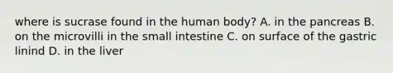 where is sucrase found in the human body? A. in <a href='https://www.questionai.com/knowledge/kITHRba4Cd-the-pancreas' class='anchor-knowledge'>the pancreas</a> B. on the microvilli in <a href='https://www.questionai.com/knowledge/kt623fh5xn-the-small-intestine' class='anchor-knowledge'>the small intestine</a> C. on surface of the gastric linind D. in the liver