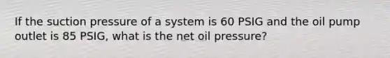 If the suction pressure of a system is 60 PSIG and the oil pump outlet is 85 PSIG, what is the net oil pressure?