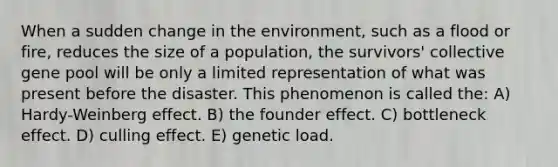 When a sudden change in the environment, such as a flood or fire, reduces the size of a population, the survivors' collective gene pool will be only a limited representation of what was present before the disaster. This phenomenon is called the: A) Hardy-Weinberg effect. B) the founder effect. C) bottleneck effect. D) culling effect. E) genetic load.