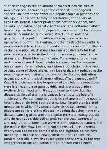 sudden change in the environment that reduces the size of population and decreases genetic variability- endangered species The bottleneck effect is a popular topic in genetics and biology. It is essential to fully understanding the <a href='https://www.questionai.com/knowledge/kzoSBoiwWp-theory-of-evolution' class='anchor-knowledge'>theory of evolution</a>. Here is a description of the bottleneck effect, also called a population or genetic bottleneck. The bottleneck effect happens when the size of a population or even an entire species is suddenly reduced, with lasting effects on at least one generation. A population bottleneck may occur after an epidemic, drought, fire, hunting, or other destructive events. A population bottleneck, in turn, leads to a reduction of the alleles in the gene pool, which means less genetic diversity for that population or species in the long run. In case you didn't know, alleles are different forms of a gene. For example, brown eyes and blue eyes are different alleles for eye color. Some genes have many different alleles, and when a population bottleneck occurs, some of those alleles may be significantly reduced in the population or even eliminated completely. Genetic drift often occurs along with the bottleneck effect. What is genetic drift? Well, it is a change in the frequency of an allele in a population. Here is an example of genetic drift, and how a population bottleneck can lead to it. First, you need to know that the disease sickle cell anemia is caused by a mutant allele of a single gene. For someone to get sickle cell anemia, they need to inherit that allele from both parents. Now, imagine an isolated population in which fifty people have sickle cell anemia, thirty people are carriers of the disease (meaning that they have one disease-causing allele and one regular one) and twenty people who do not have sickle cell anemia nor are they carriers of it. One day, a tremendous tidal wave hits the population and half of the people die. Now, just ten people have sickle cell anemia, twenty two people are carriers of it, and eighteen do not have nor carry it. You can see how genetic drift has caused the predominant allele, which causes sickle cell anemia, to become less present in the population due to the bottleneck effect.