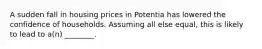 A sudden fall in housing prices in Potentia has lowered the confidence of households. Assuming all else​ equal, this is likely to lead to​ a(n) ________.