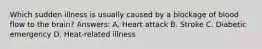 Which sudden illness is usually caused by a blockage of blood flow to the brain? Answers: A. Heart attack B. Stroke C. Diabetic emergency D. Heat-related illness